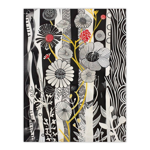 Black and White Stripes Abstract Wildflower Garden Living Room Large Wall Art Poster Print Thick Paper 18X24 Inch