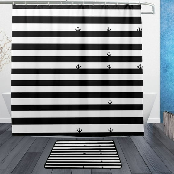 Black and White Stripes Bathroom Accessory Sets Waterproof Shower Curtain with Anti-Slip Bath Mat Durable Combo