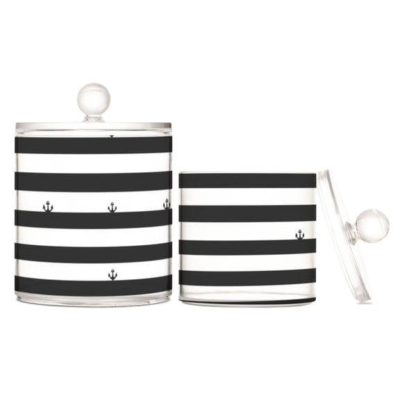 Black and White Stripes Translucent Plastic Cotton Swabs Canisters Large Medium Set