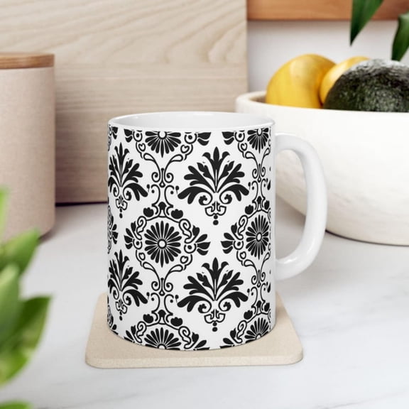 Black and White Stylized Flower Ceramic Mug, Monocome Floral Coffee Cup, Botanil Tea Mug, Modern Kitchen Dr, Gift Nature Lover.