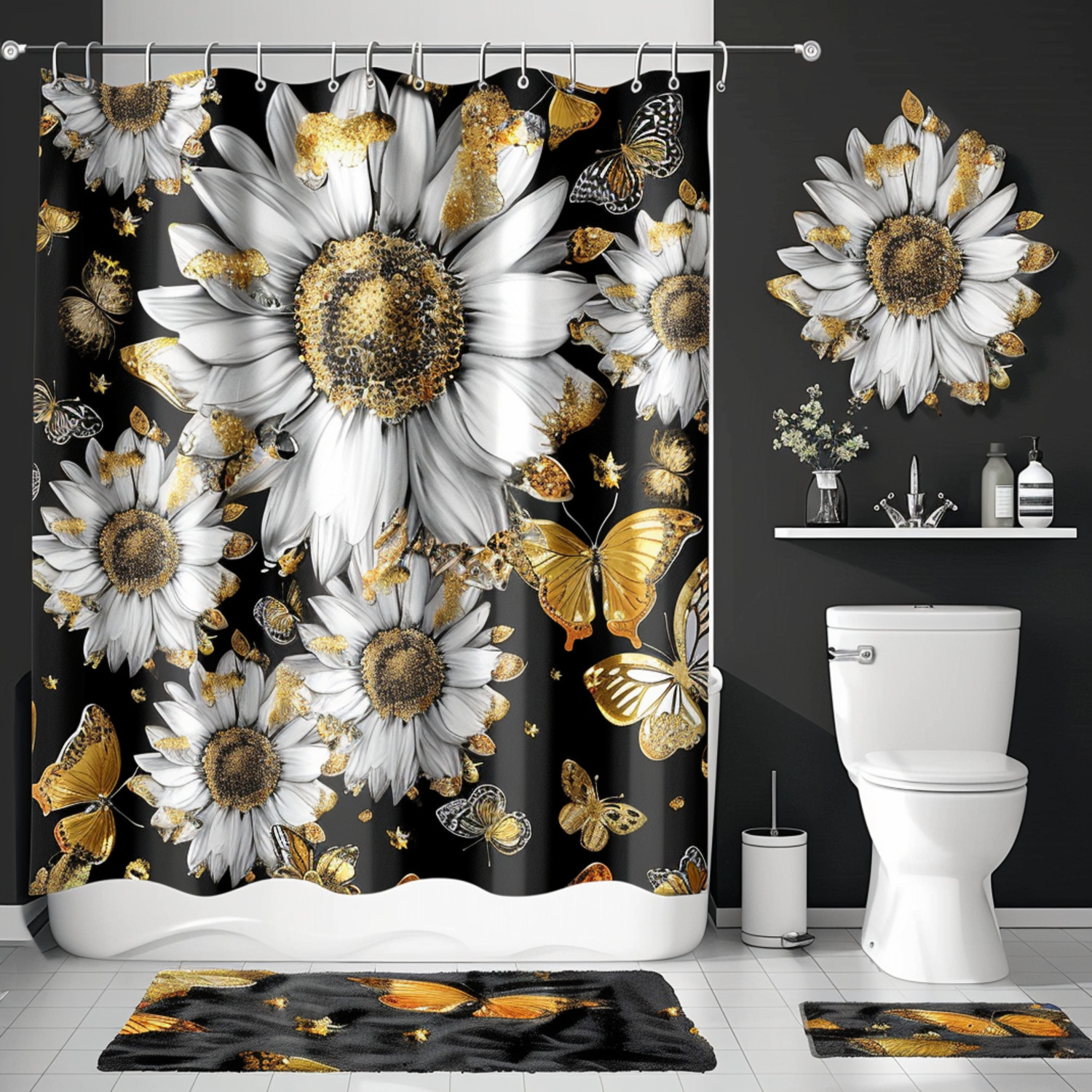 Black and White Sunflower Shower Curtain Set with Golden Butterflies