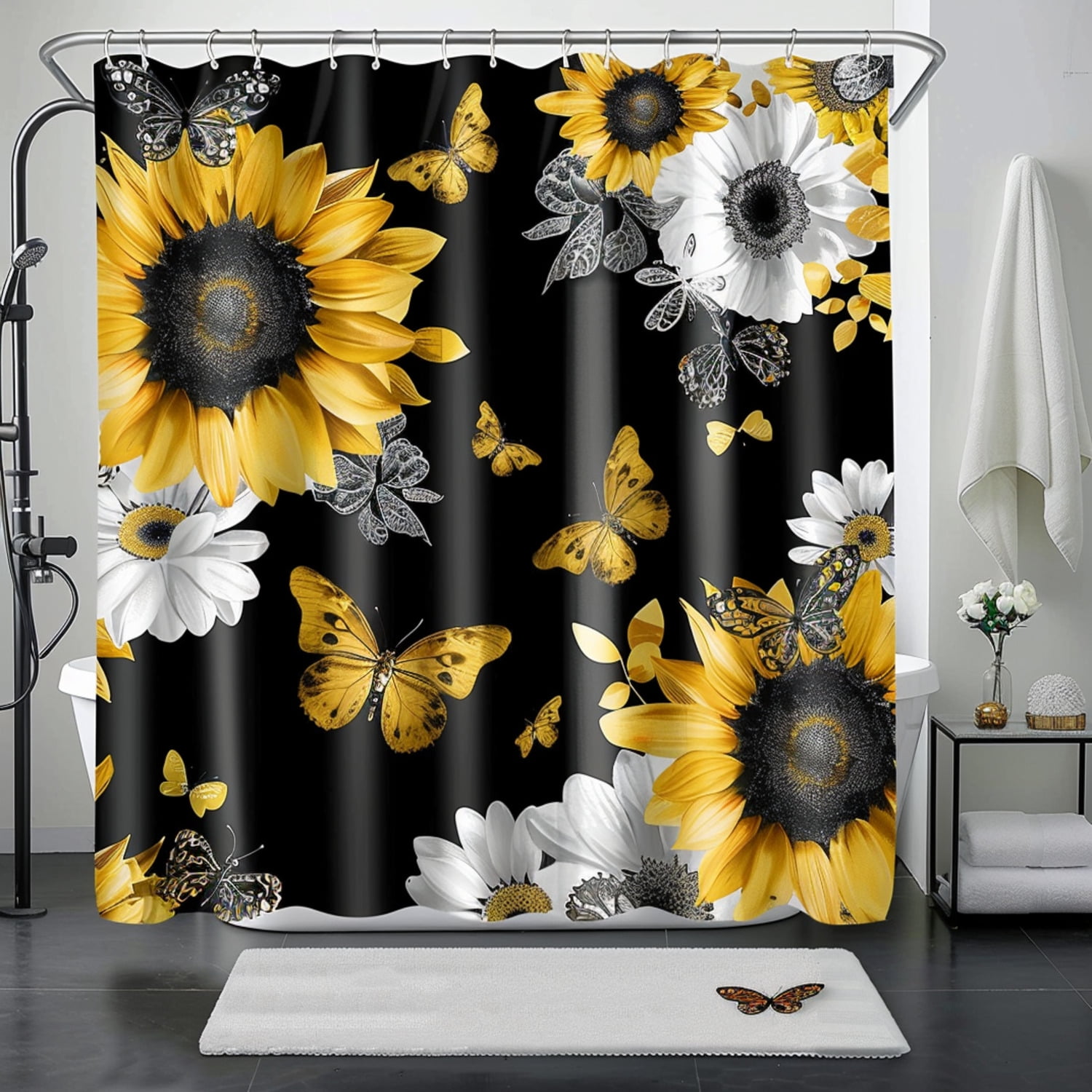 Black and White Sunflower Shower Curtain Set with Golden Butterflies