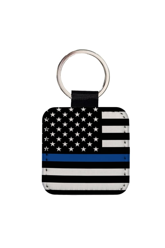 Black and White Thin Blue Line Police American Flag Faux Leather Square Keychain