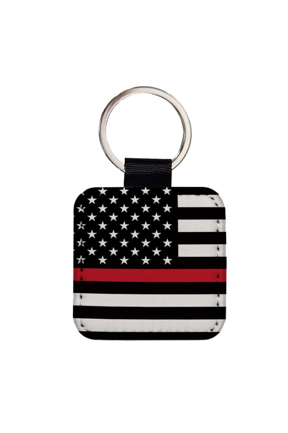 Black and White Thin Red Line Firefighter American Flag Faux Leather Square Keychain
