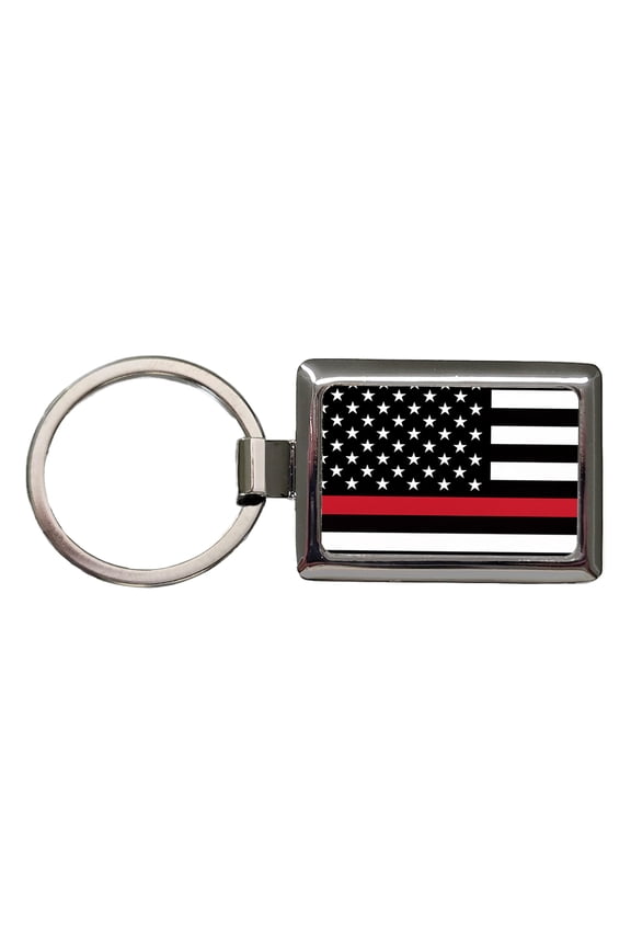 Black and White Thin Red Line Firefighter American Flag Metal Rectangle Keychain