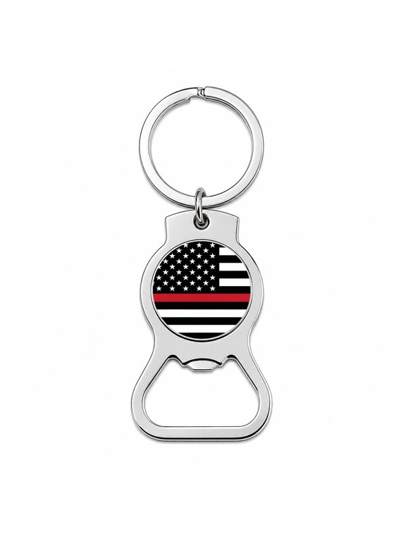 Black and White Thin Red Line Firefighter American Flag Portable Bottle Opener Metal Keychain