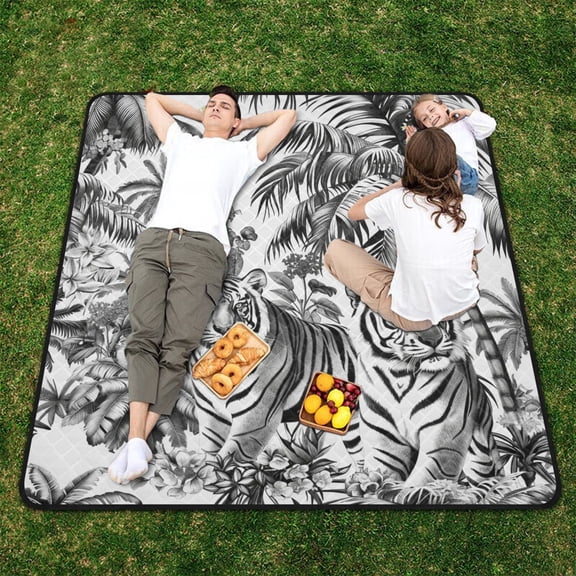 Black and White Tiger Jungle Beach Blanket Outdoor Picnic Blanket 78"x 78" Waterproof Foldable for Beach Camping Travel Hiking Grass Lawn Park