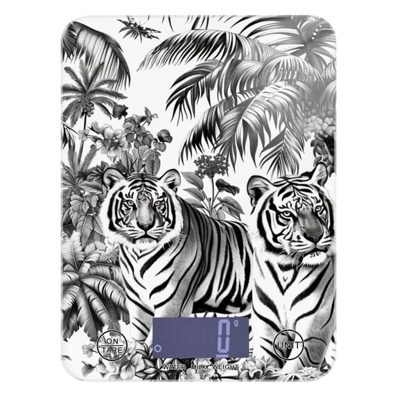 Black and White Tiger Jungle Food Scale Digital Kitchen Scale Waterproof Tempered Glass Tare Function 11 lb for Baking Cooking Meal Prep