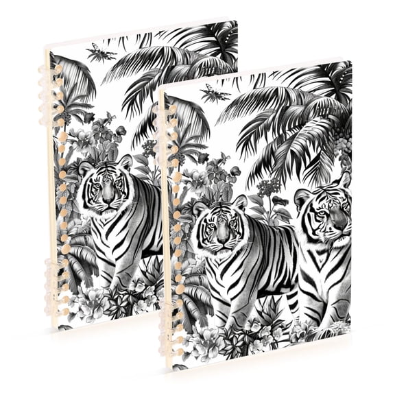 Black and White Tiger Jungle Ring Binder Notebook Journey Note Diary College Ruled Spiral Notebook Study Loose Leaf Paper A5 60 Pages