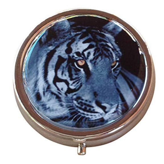 Black and White Tiger Round Three Section Pocket/Purse/Travel Pill Box Case