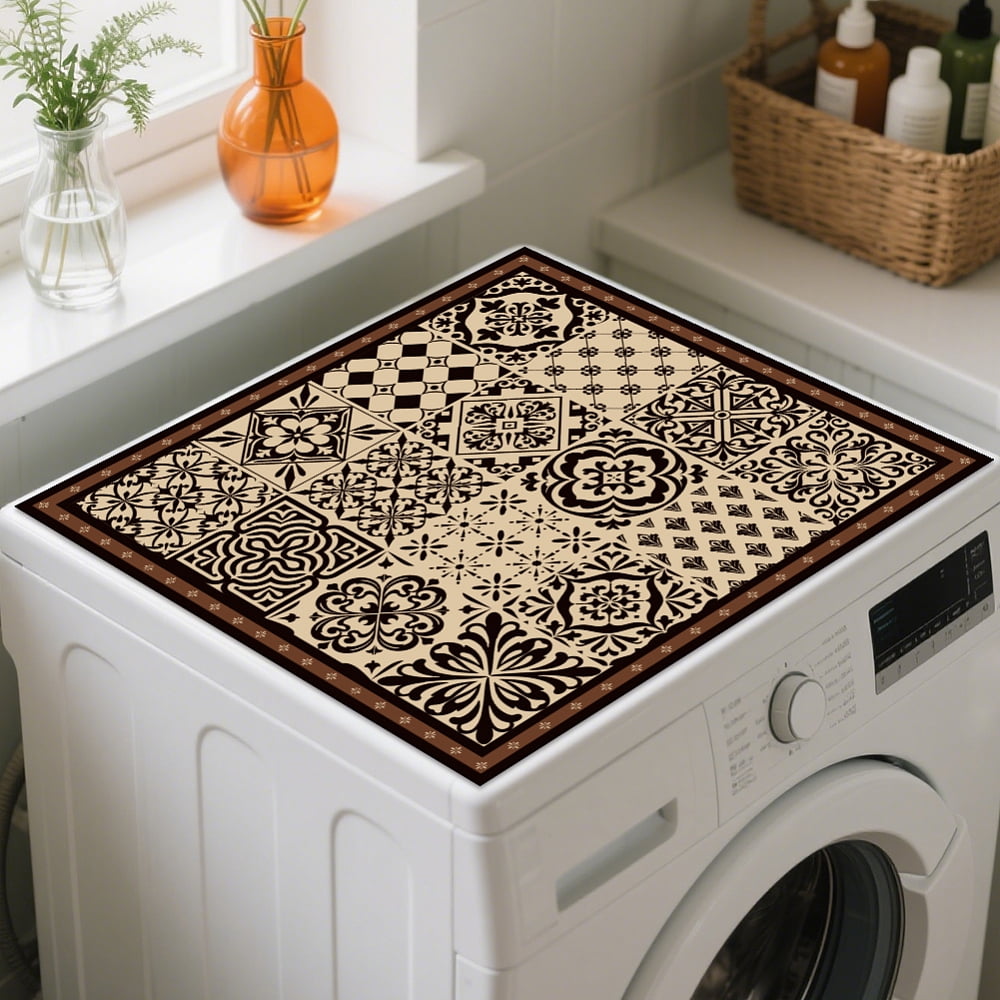 Black and White Tile Pattern Washer Dryer Dust Cover 23.6×23.6inch Washing Machine Top Protector Pads Non Slip Washing Machine Top Covers