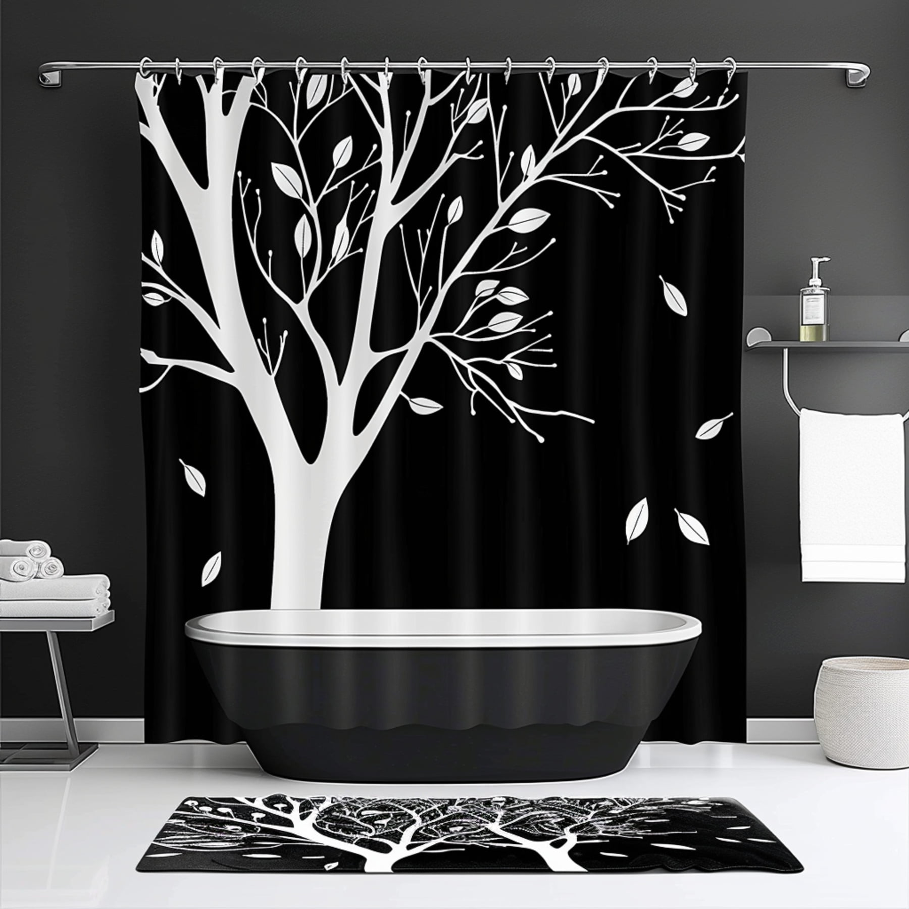 Black and White Tree Branch Shower Curtain Set Nature Theme Bathroom