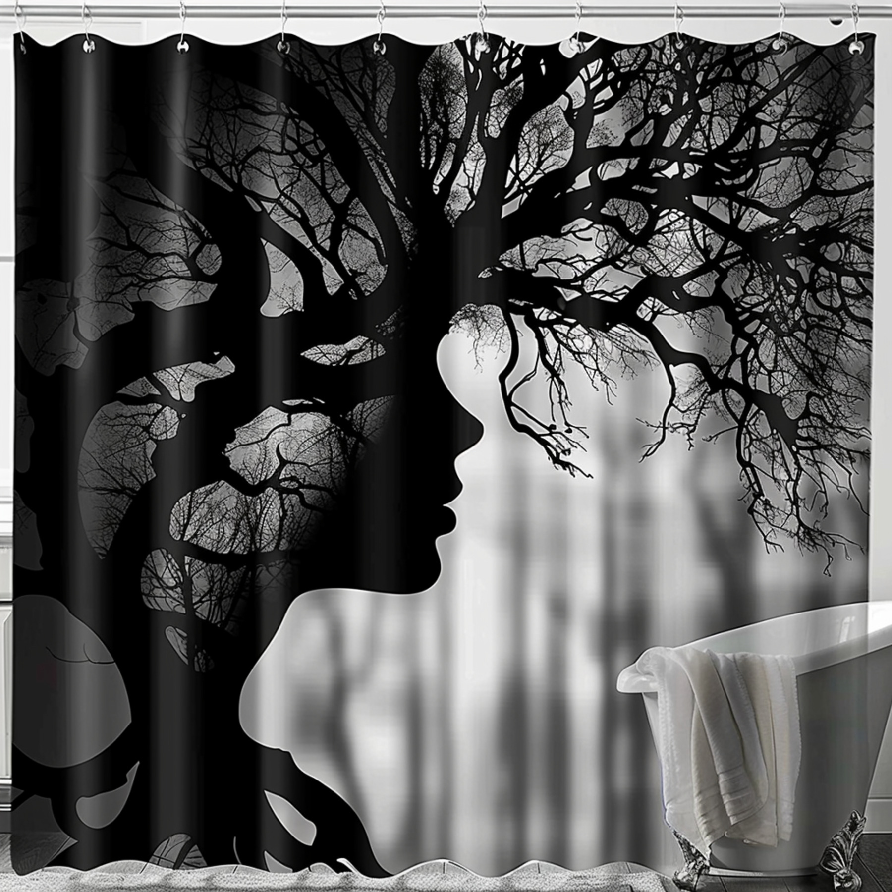 Black and White Tree of Life Bathroom Curtain with Woman's Face