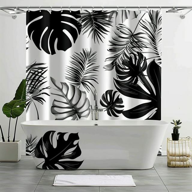 Black and White Tropical Leaves Monstera Rainforest Shower Curtain with