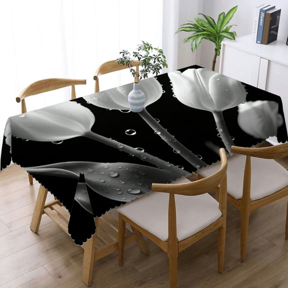 Black and White Tulips Flower Tablecloths for dining table, Festive Table Setting - Machine-Made Rectangular Tablecloth, Cafe, dinner, picnic