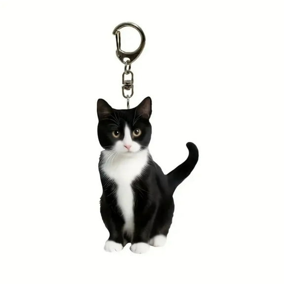 Black and White Tuxedo Cat Keychain Double-Sided Design Pet Key Ring Creative Accessory for Backpack