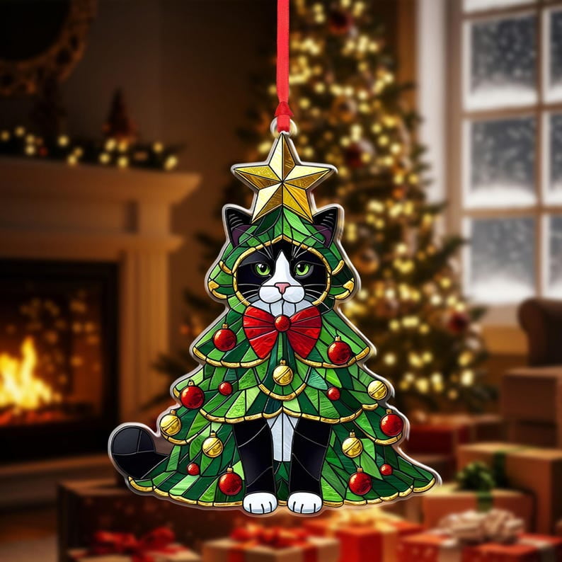 Black and White Tuxedo Cat Wearing Christmas Tree Costume Ornament Faux ...