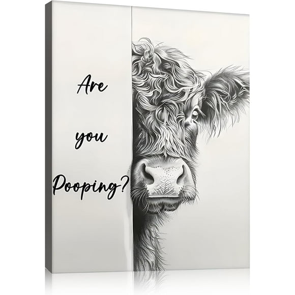 Black and White Unframed Canvas Print Bathroom Decor Wall Art Highland Cow Bathroom Wall Art