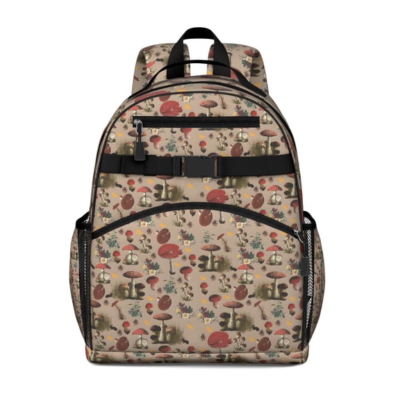 Red Mushroom Flower Brown Pattern Backpack for School,Cute School Bag,Schoolbag with Adjustable Shoulder Straps & Padded Back,15.25"x11.5"x5.25"