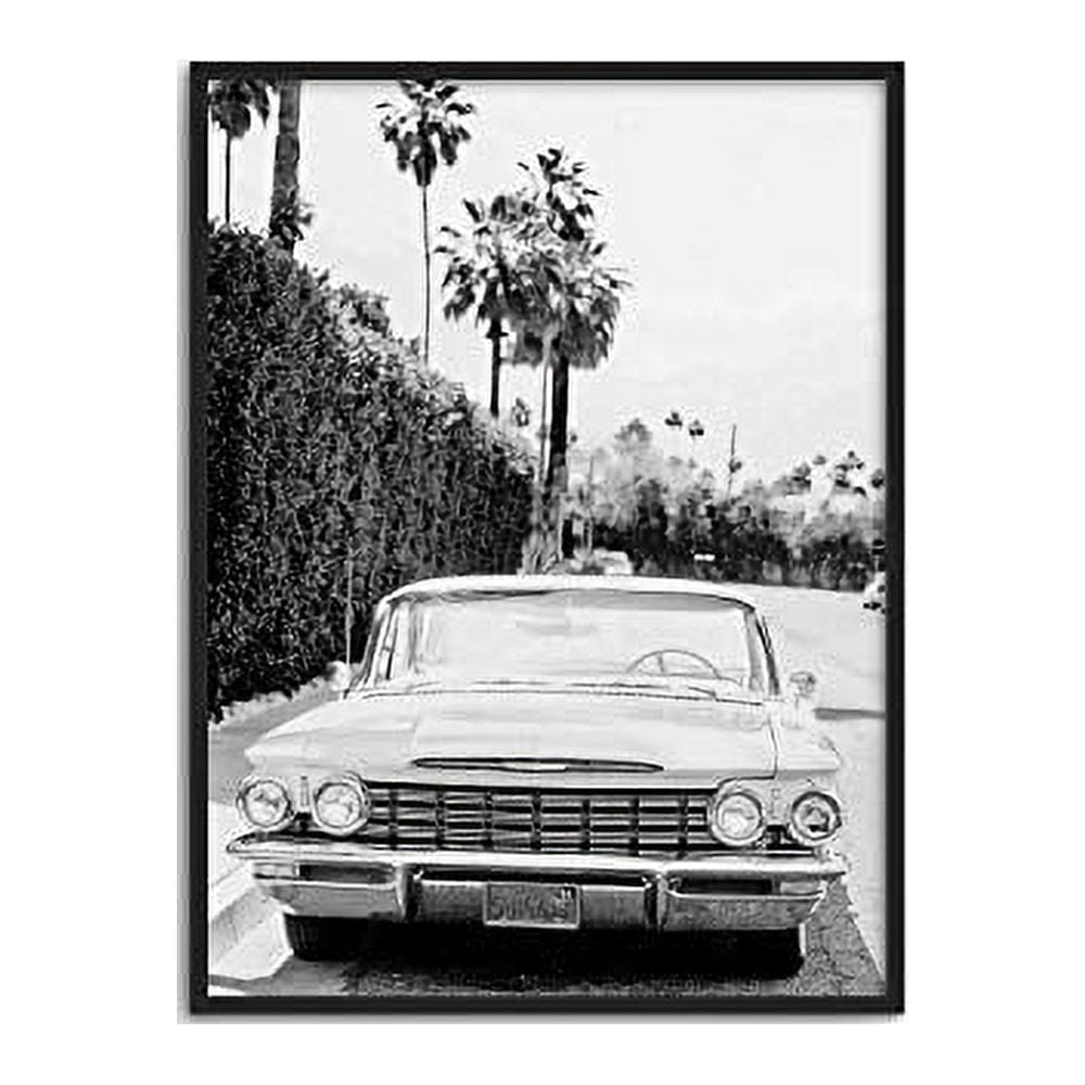 Vintage Black and White Framed Car Canvas Art