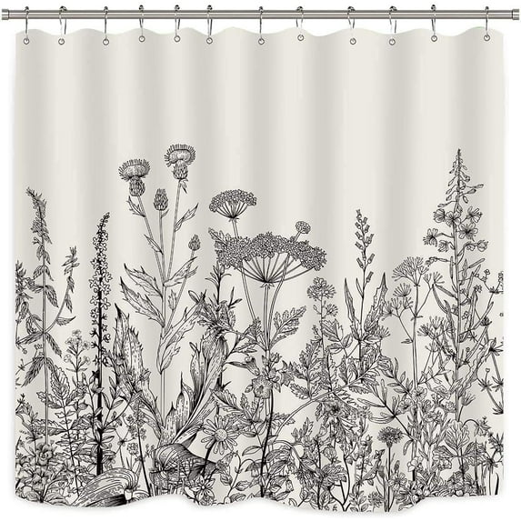 Black and White Vintage Floral Shower Curtain 72 x 72 Inch, Waterproof Fabric Botanical Plant Flower Bathroom Shower Curtains with 12 Hooks