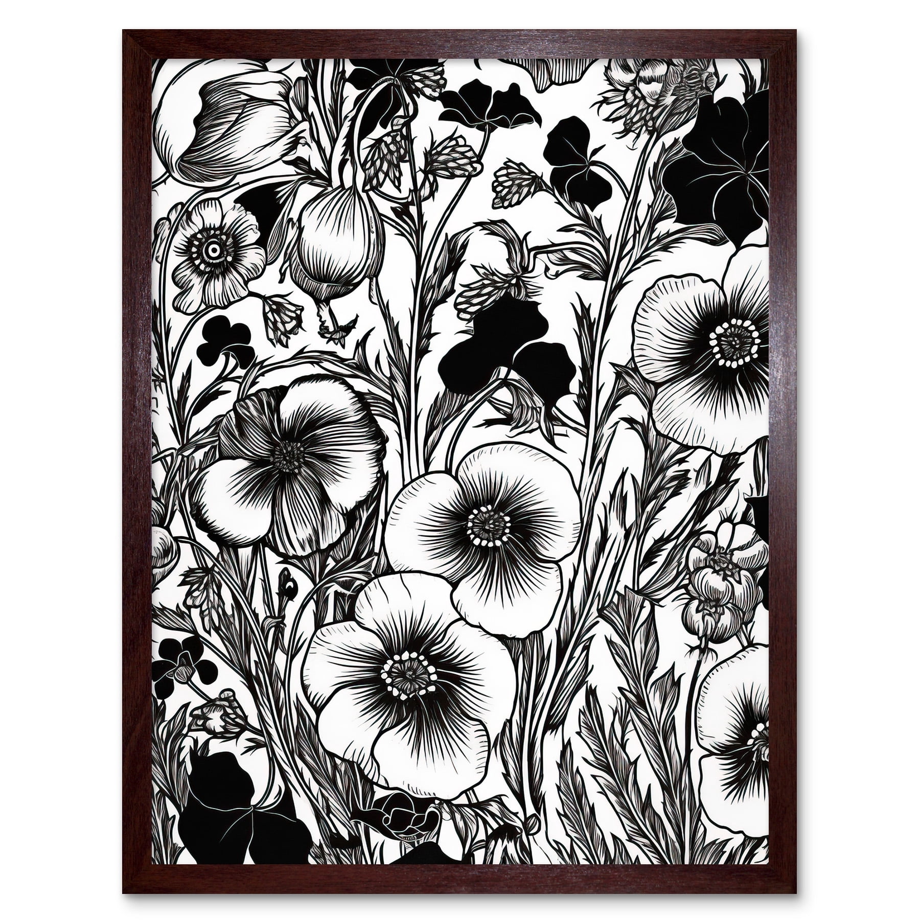 Black and White Viola Flower Pattern Illustration Art Print Framed ...