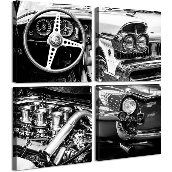 Black and White Wall Art Vintage Car Posters Decor Mens Bedroom Boys Room Office Paintings Canvas Pictures Framed Ready to Hang 12" W×12" H×4 PCS