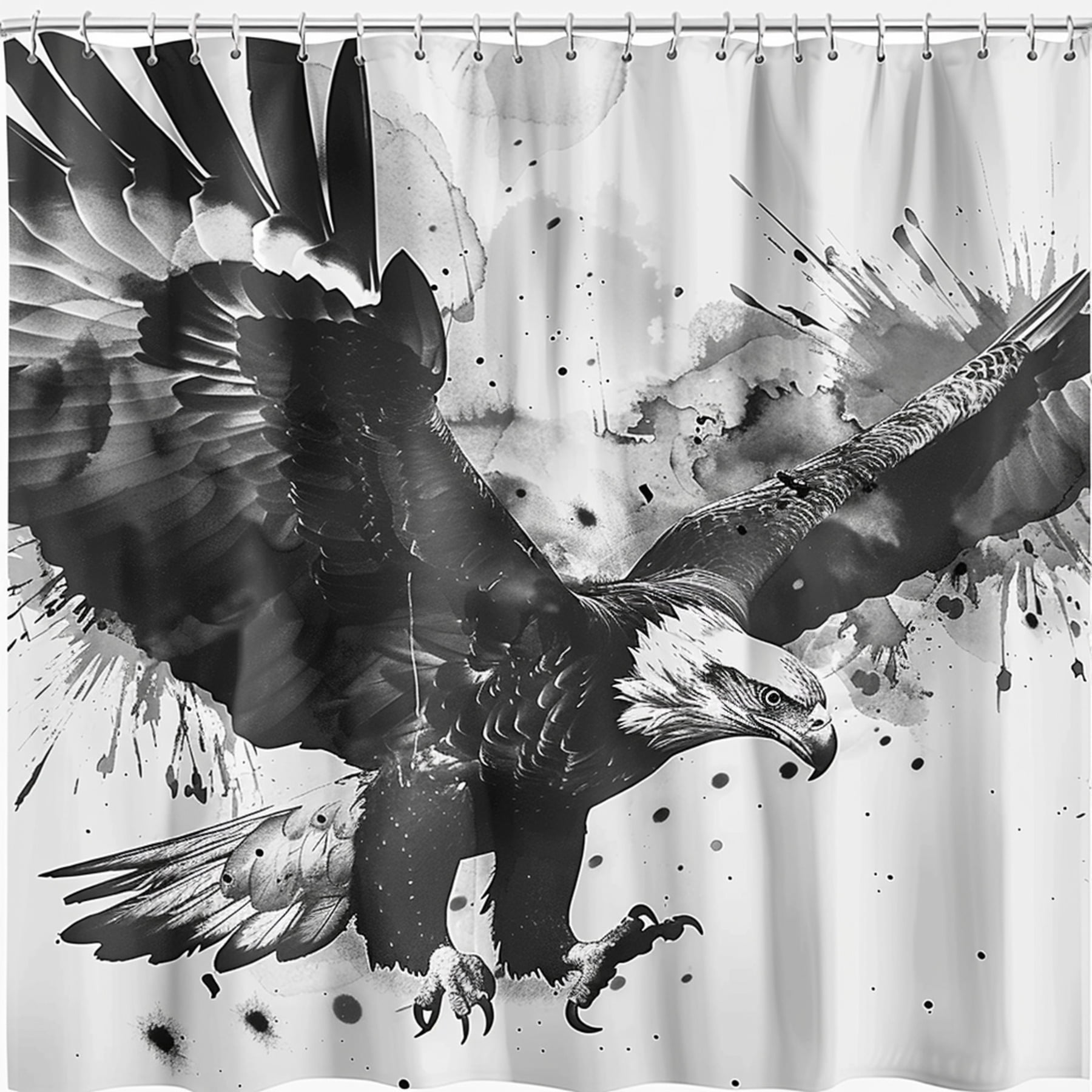 Black and White Watercolor Eagle Flying Shower Curtain Bathroom Decor