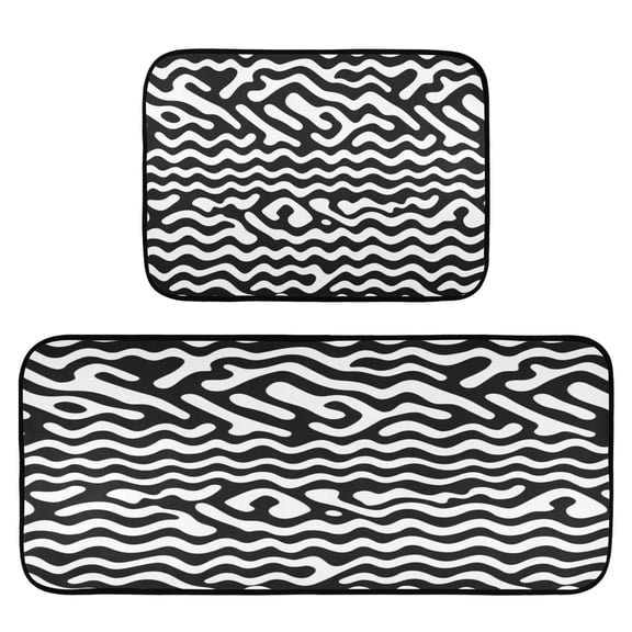 Black and White Waves 2-Piece Kitchen Carpet Mat Set, Non-Slip Memory Foam, Soft for Kitchen and Living Room Use