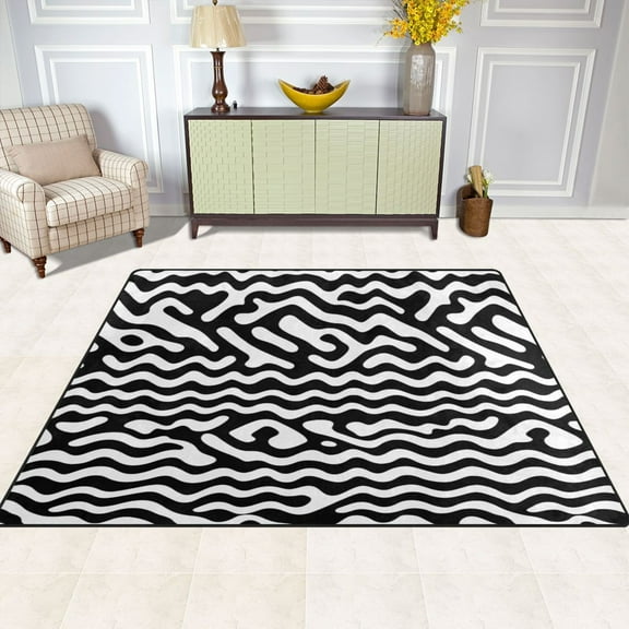 Black and White Waves 80''x58'' Extra Large Plush Memory Foam Rug, Soft, Absorbent, Non Slip
