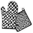 thumbnail image 1 of Black and White Wavy Checkerboard Pattern Kitchen Oven Mitt and Pot Holder Sets 2 Pcs for Baking, Cooking and Grilling, Heat Resistant Up To 392 °F, 1 of 7