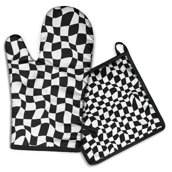Black and White Wavy Checkerboard Pattern Kitchen Oven Mitt and Pot Holder Sets 2 Pcs for Baking, Cooking and Grilling, Heat Resistant Up To 392 °F