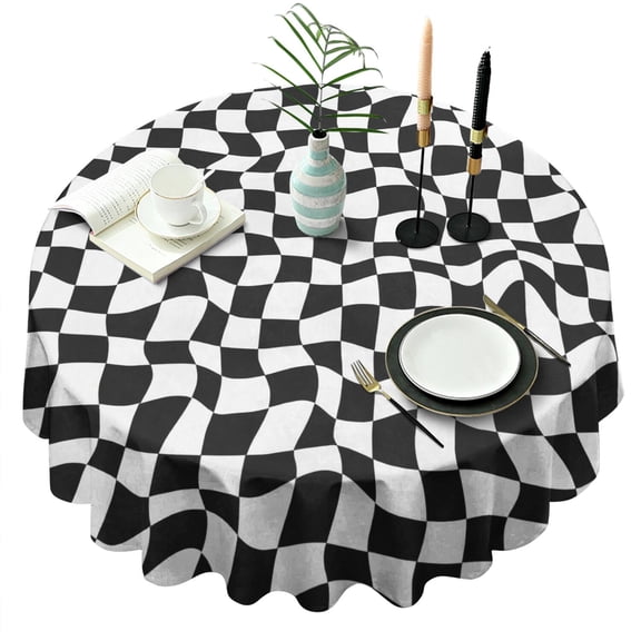 Black and White Wavy Checkerboard Pattern Round Tablecloth 60"x60",Wrinkle Wipeable Table Cloth for Kitchen Dining Room Picnic Patio Party