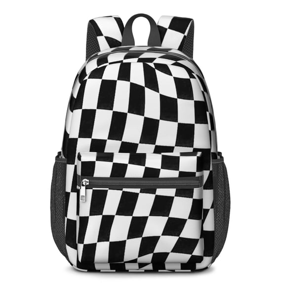 Black and White Wavy Checkered 17" School Backpacks for Teens,Waterproof Oxford Fabric,S-Shape Padded Straps for School,Travel,Hiking,Camping