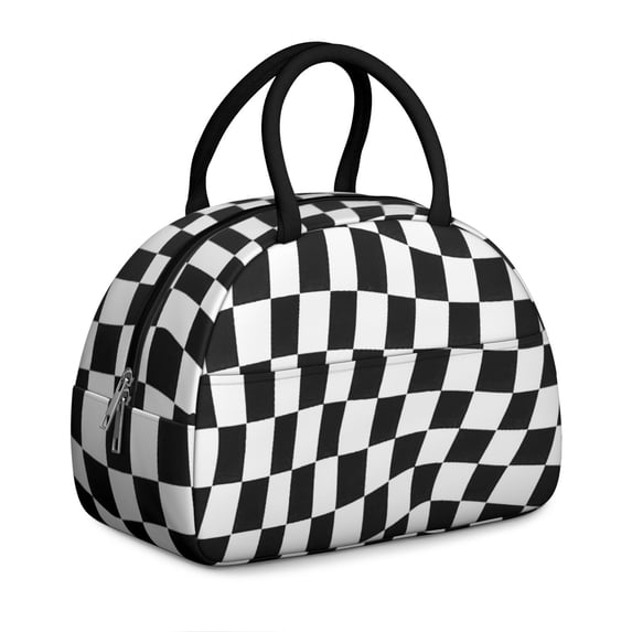 Black and White Wavy Checkered Insulated Lunch Bag,Leakproof Large Capacity Lunch Box for Work,Picnic or Travel,11.4 X 6.7 X 8.3 Inches