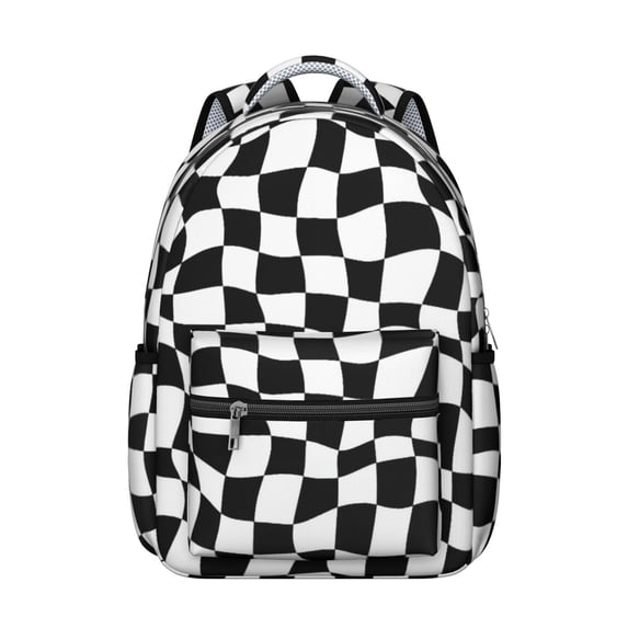 Black and White Wavy Checkered Pattern Backpack for School, Cute School Bag with Adjustable Shoulder Straps and Padded Back, 15.3"x11"x7.1"