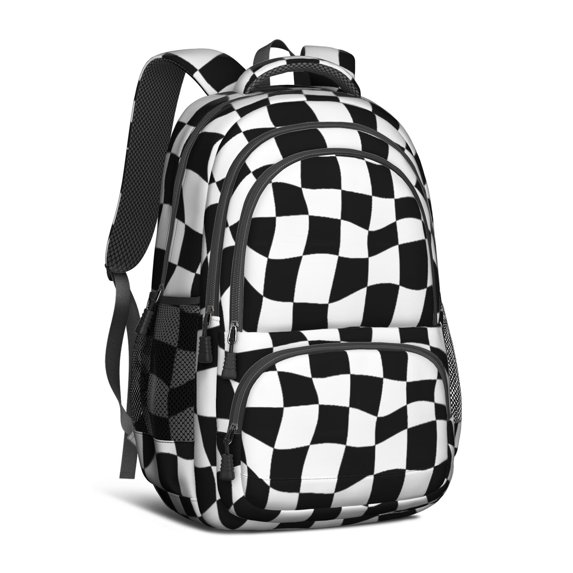 Black and White Wavy Checkered Pattern Backpack for School, Cute School Bag with Adjustable Shoulder Straps and Padded Back, 16.9"x12.6"x5.9"