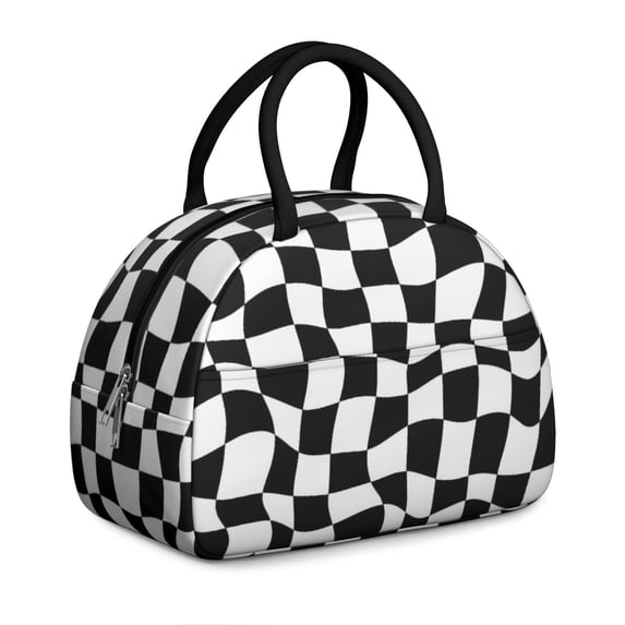 Black and White Wavy Checkered Pattern Insulated Lunch Bag,Leakproof Large Capacity Lunch Box for Work,Picnic or Travel,11.4 X 6.7 X 8.3 Inches