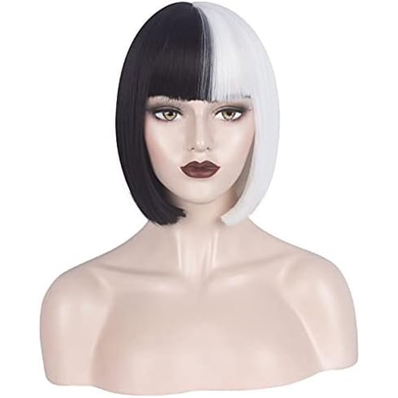 Black and White Wig Short Bob Half Black Half White Wig with Bangs for Women Daily Party (A Black White)