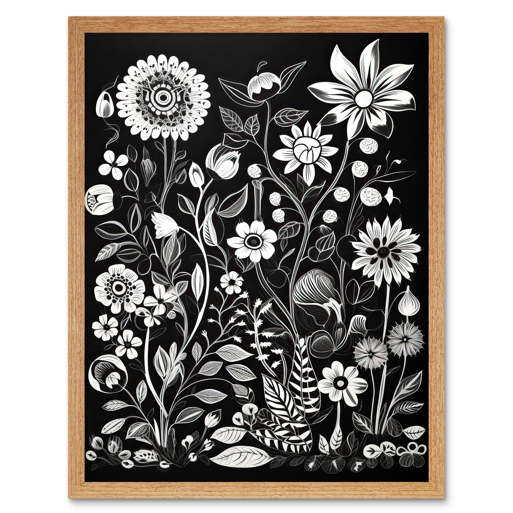 Black and White Wild Flower Contour Pattern Art Print Framed Poster Wall  Decor 12x16 inch