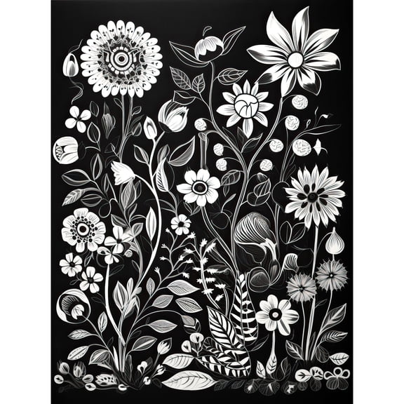Black and White Wild Flower Contour Pattern Unframed Wall Art Print Poster Home Decor Premium