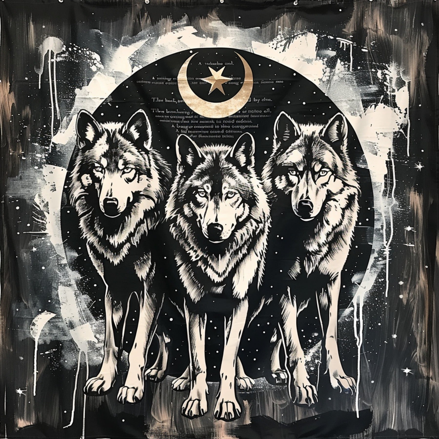 Black and White Wolf Moon Shower Curtain Vintage Style with Wolves and
