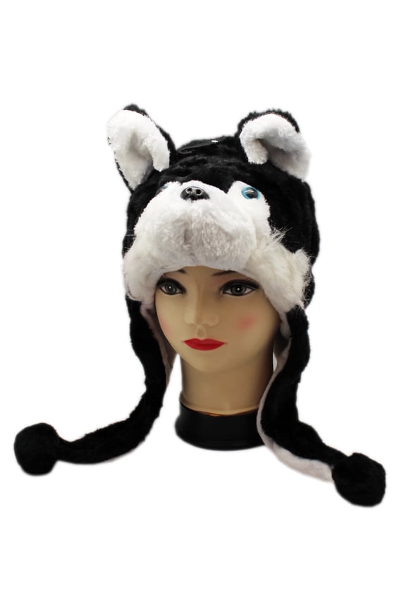 Black and White Wolf w/Blue Eyes Plush Hat