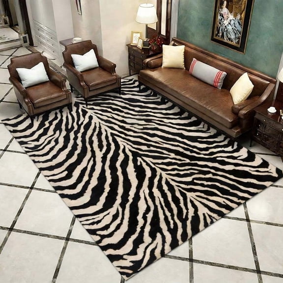Black and White Zebra Print Area Rug with Non-Slip Rubber