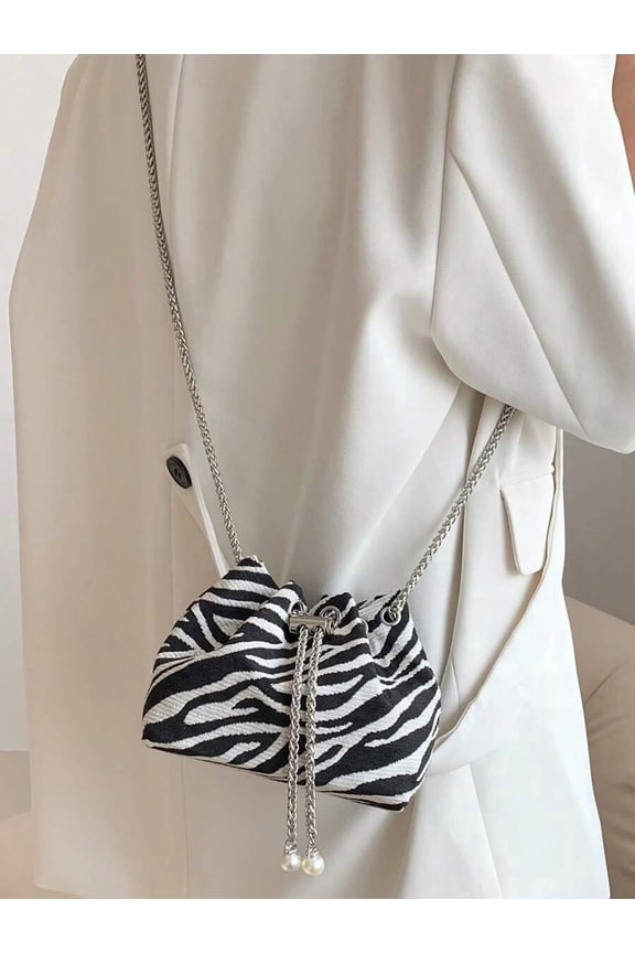 Black and White Zebra Print Mini Bucket Bag with Drawstring and Pearl Charm