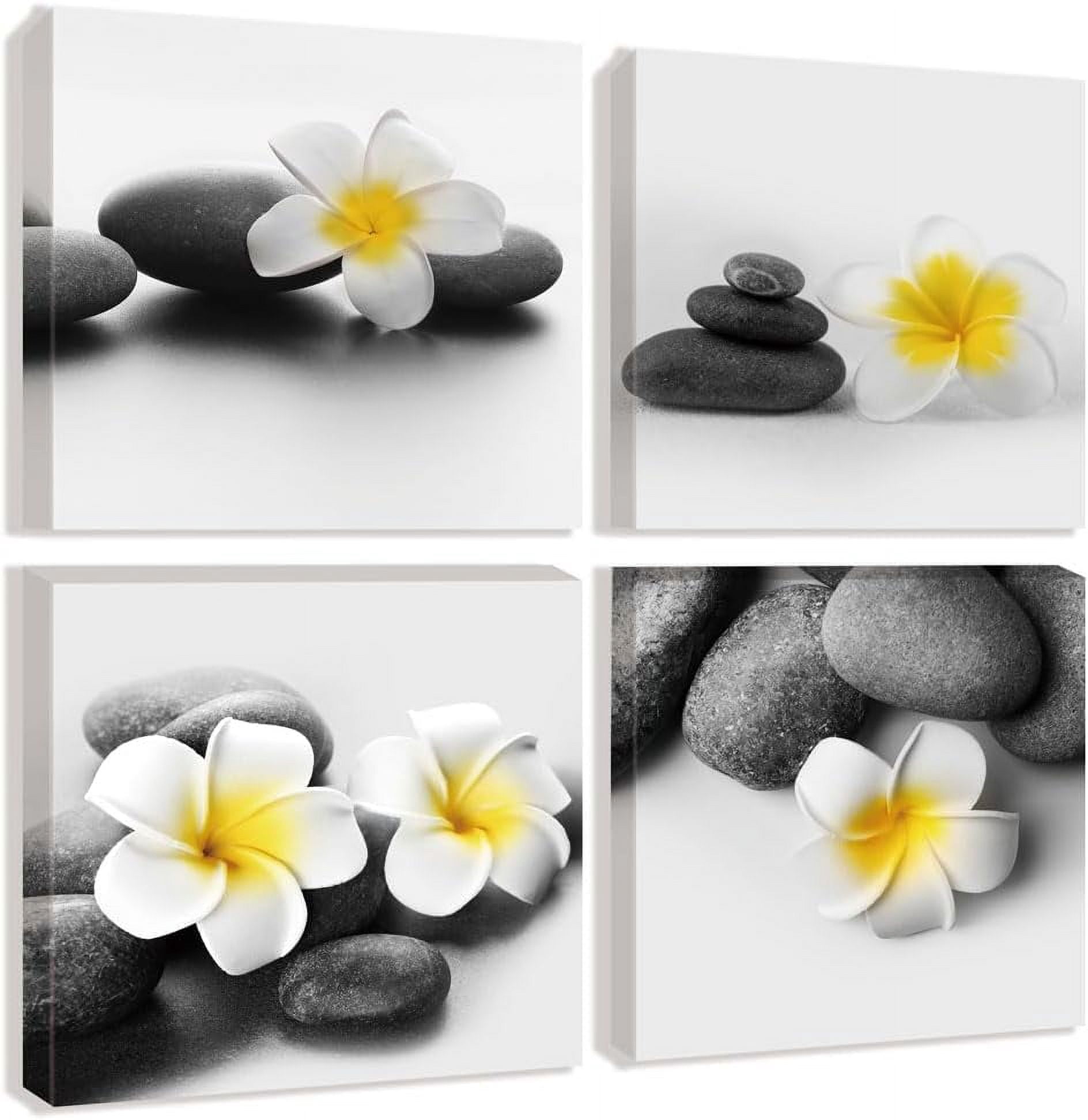 Black and White Zen Stone Wall Art Yellow Flower Picture Still Life Canvas Relaxing Painting Home Office Bathroom Decor