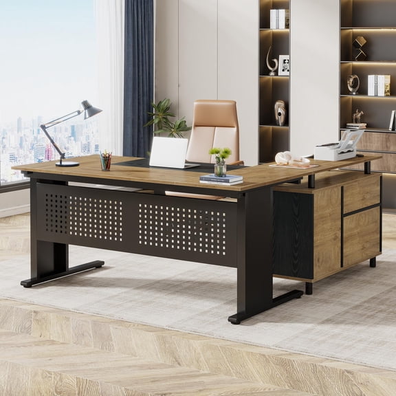 Black and Wood Color Tribesigns L Shaped Computer Desk with Storage