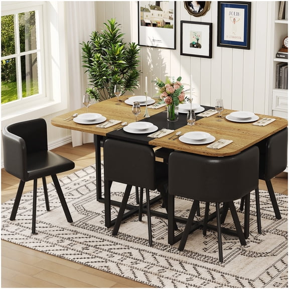 Black and Wood Grain Dining Table Set for 6, 7-PC Faux Leather Chairs and Table, Apartment Size Nook Set