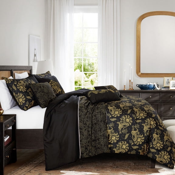 Black and Yellow Comforter Set Queen Size - 7-Pieces Dubh Floral Bedding Set
