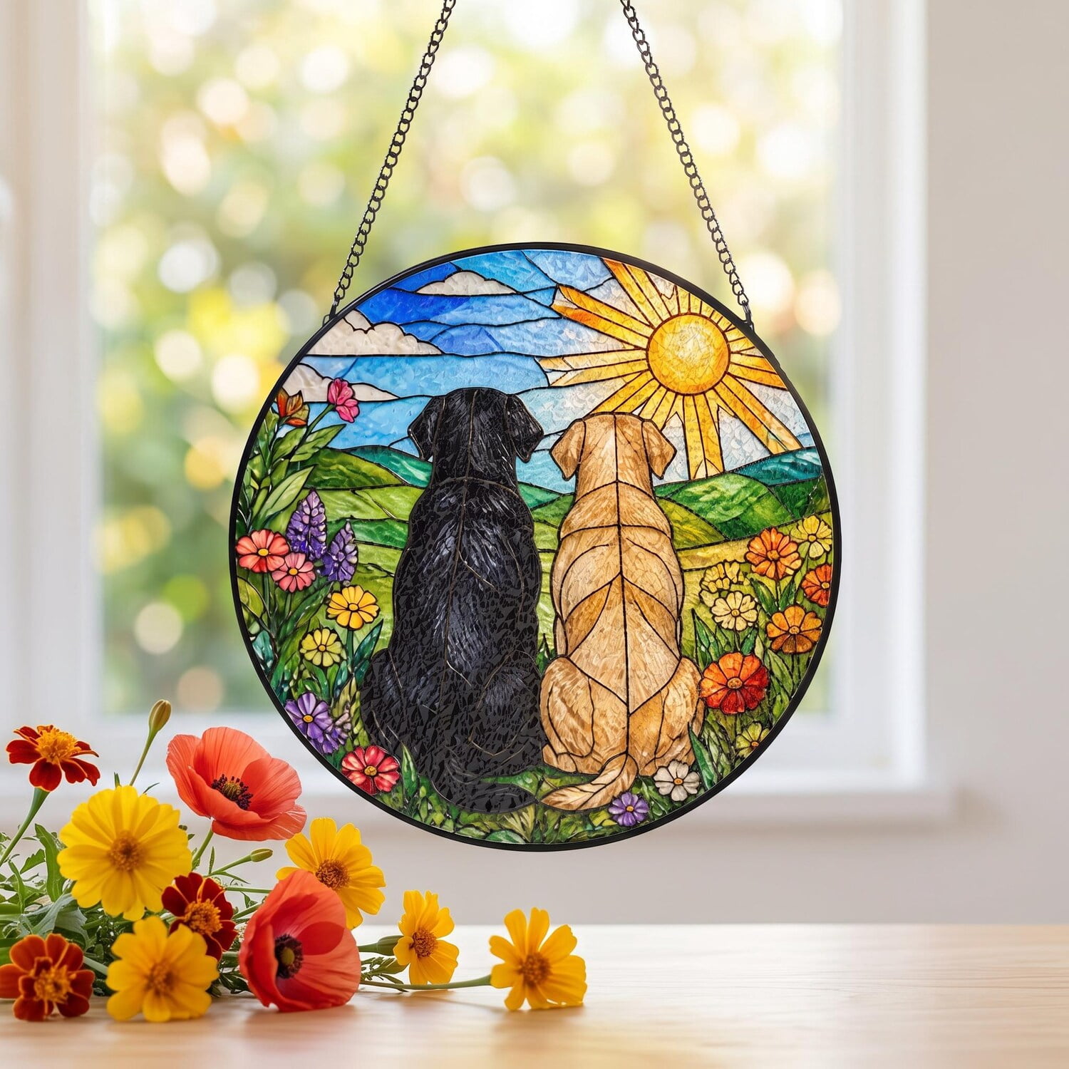 Black and Yellow Labrador Dogs Stained Glass Style Suncatcher ...